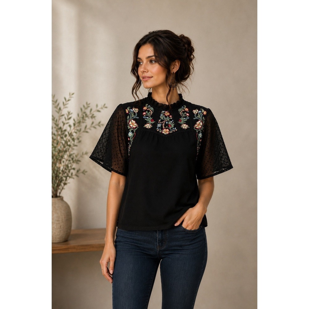 Embroidered Black Boho Sheer Lace Blouse Top Dark Romantic Goth LP